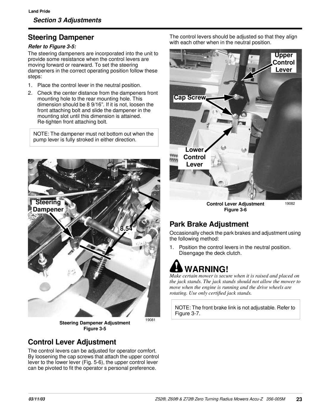 Land Pride Z52 Park Brake Adjustment, Control Lever Adjustment, Steering Dampener 8.54”, Adjustments, Refer to Figure 