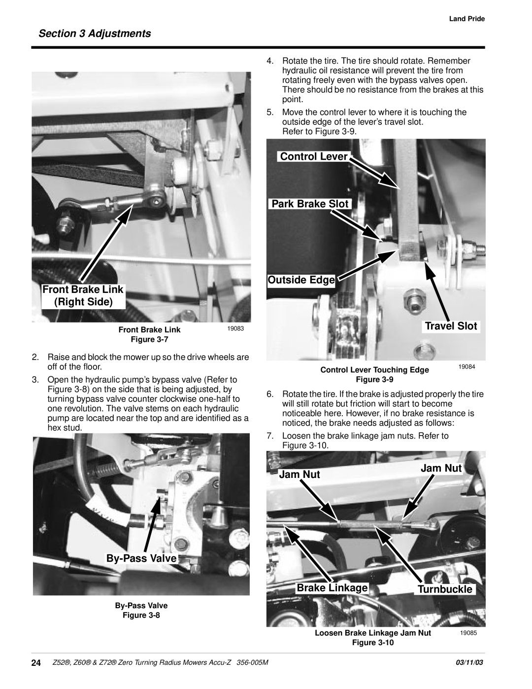 Land Pride Z60 Front Brake Link Right Side, Control Lever Park Brake Slot Outside Edge, Travel Slot, By-PassValve, Jam Nut 