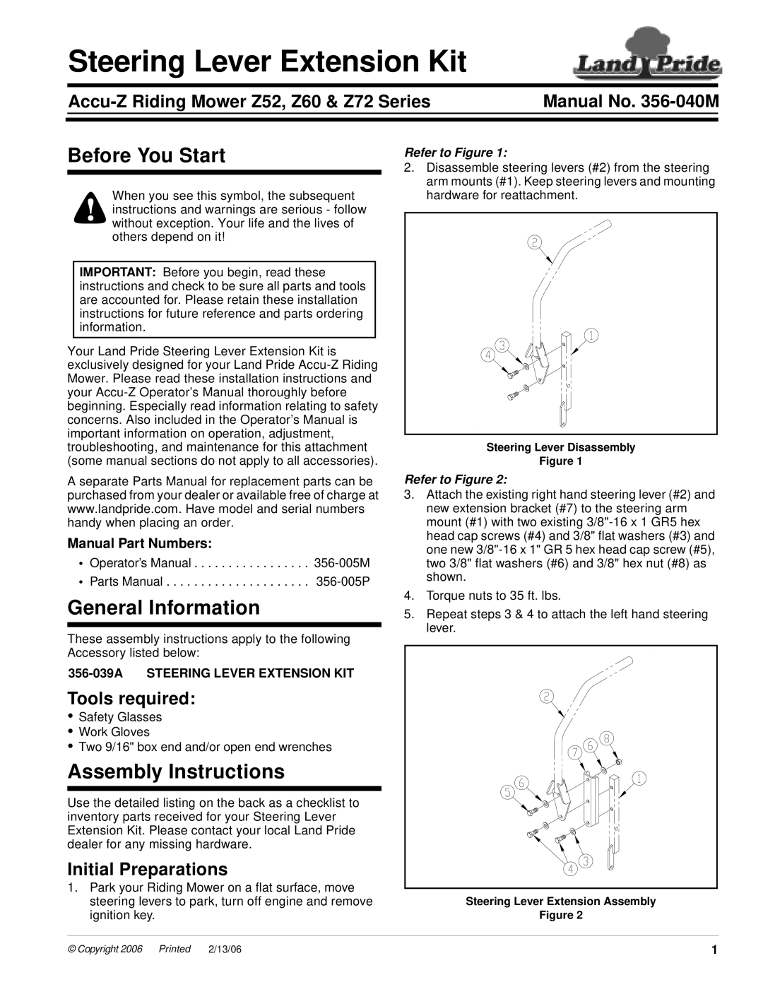 Land Pride installation instructions Accu-ZRiding Mower Z52, Z60 & Z72 Series, Tools required, Initial Preparations 