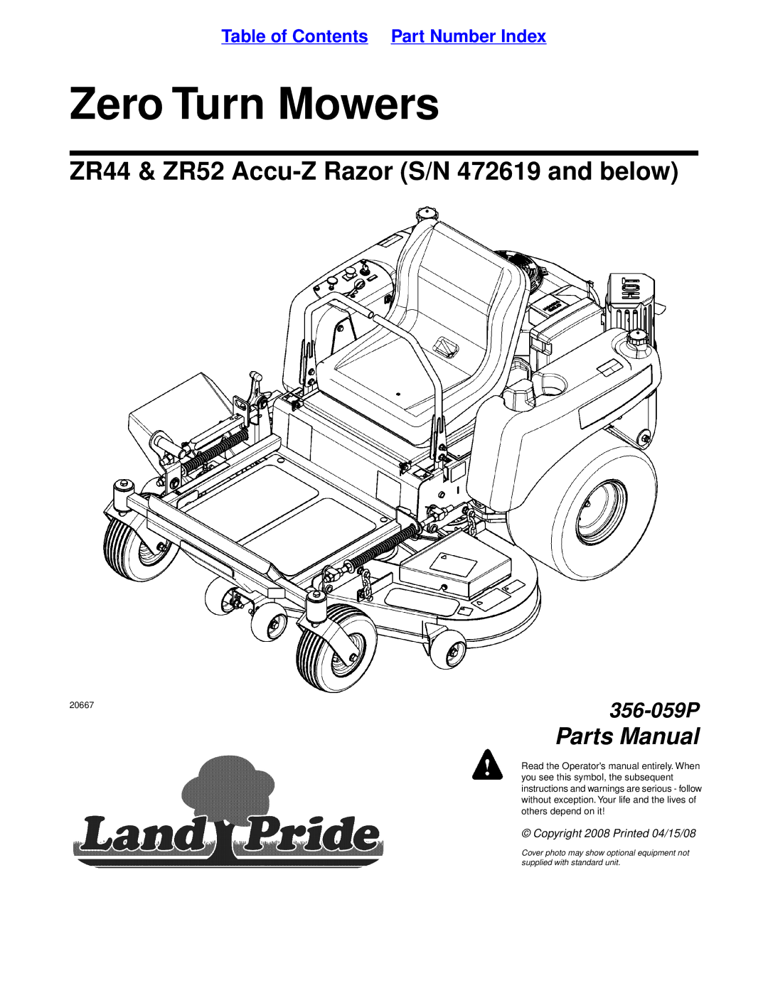 Land Pride ZR44, ZR52 manual Zero Turn Mowers 