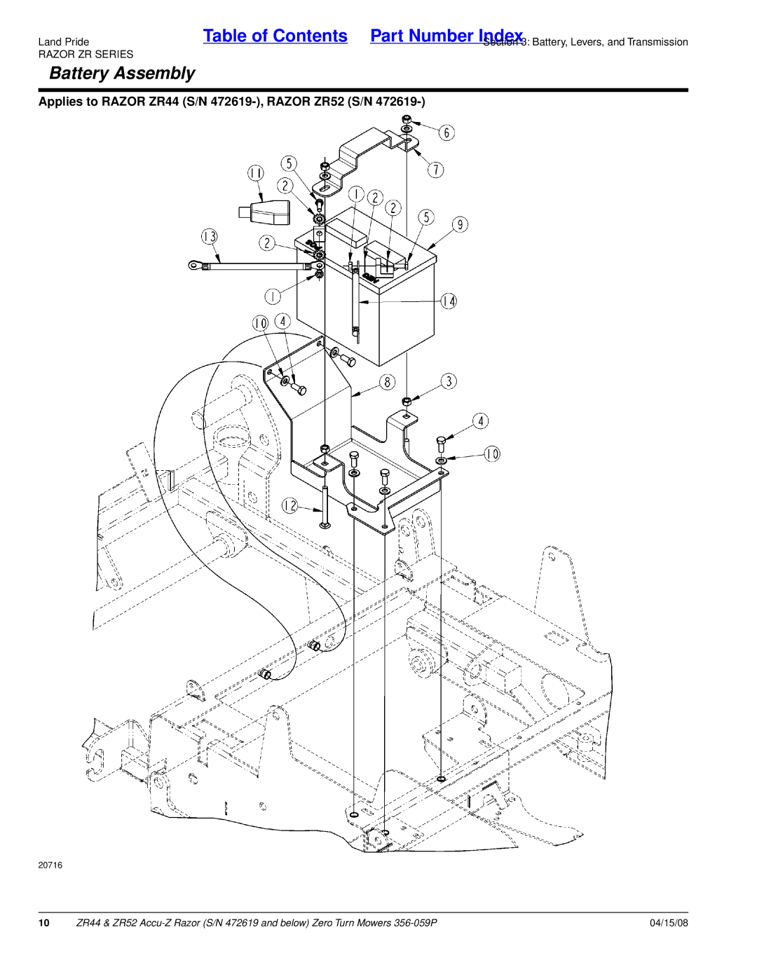 Land Pride ZR52, ZR44 manual Battery Assembly 