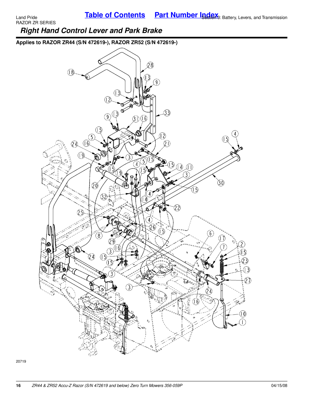 Land Pride ZR52, ZR44 manual Right Hand Control Lever and Park Brake 