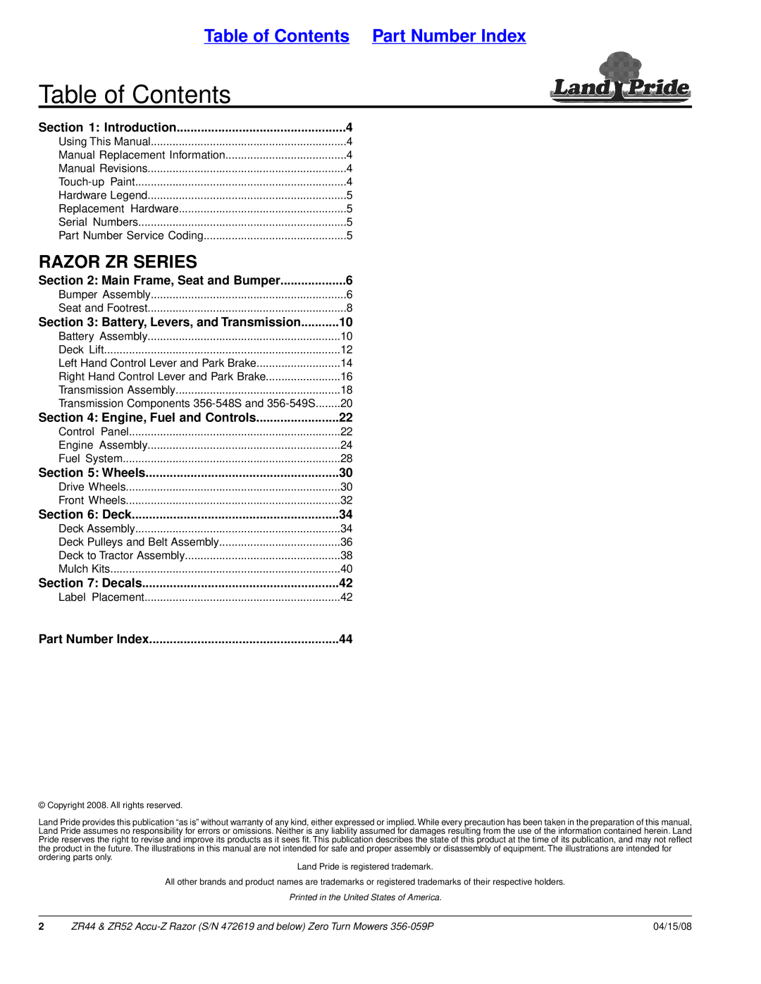 Land Pride ZR52, ZR44 manual Table of Contents 