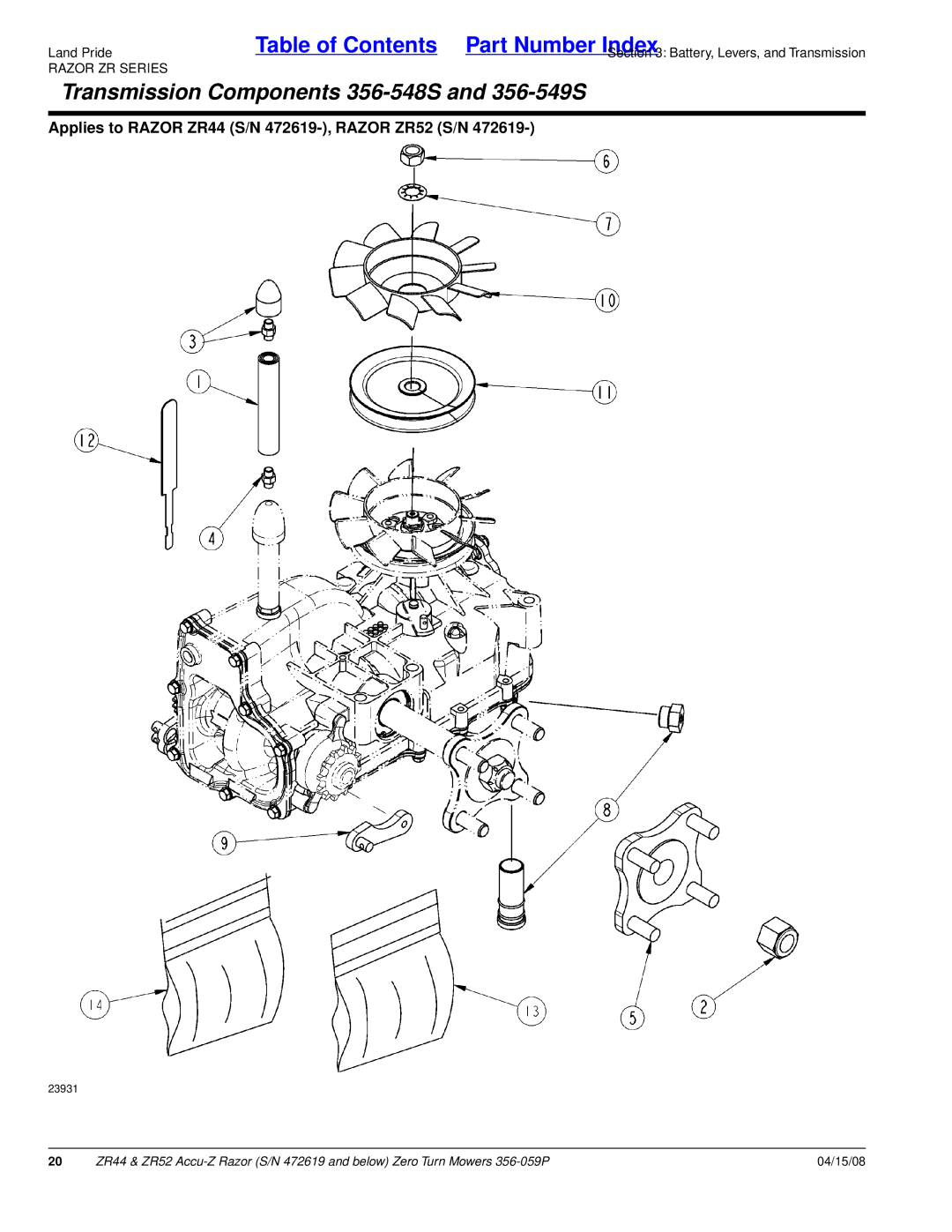 Land Pride ZR52, ZR44 manual Transmission Components 356-548S and 356-549S 