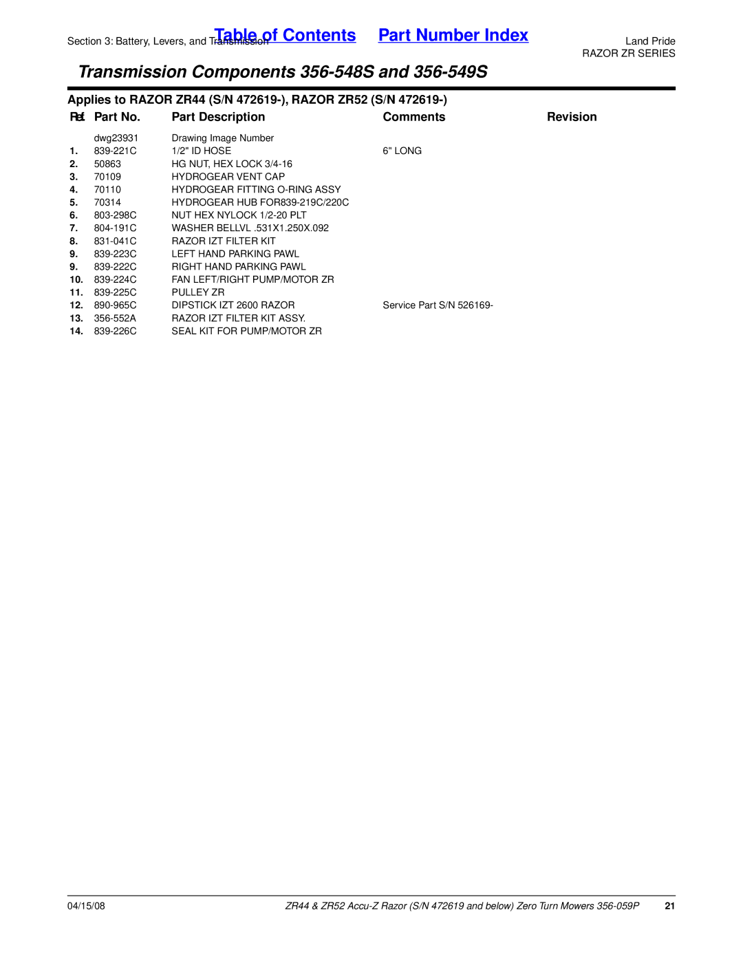 Land Pride ZR44, ZR52 manual Long, Hydrogear Vent CAP, Hydrogear Fitting O-RING Assy, Hydrogear HUB FOR839-219C/220C 