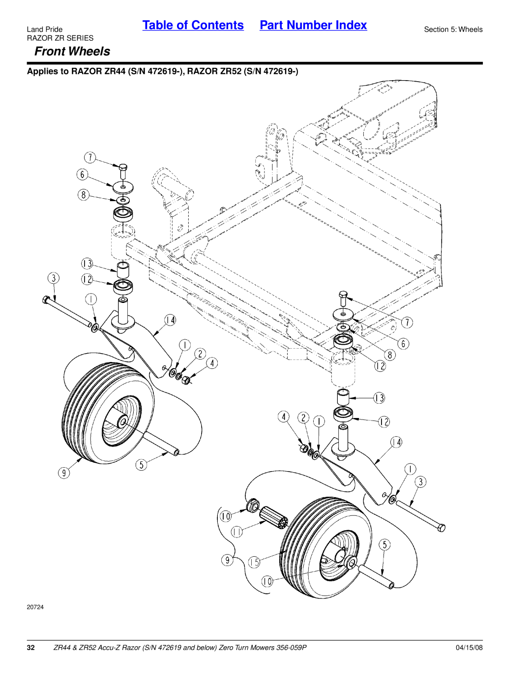 Land Pride ZR52, ZR44 manual Front Wheels 