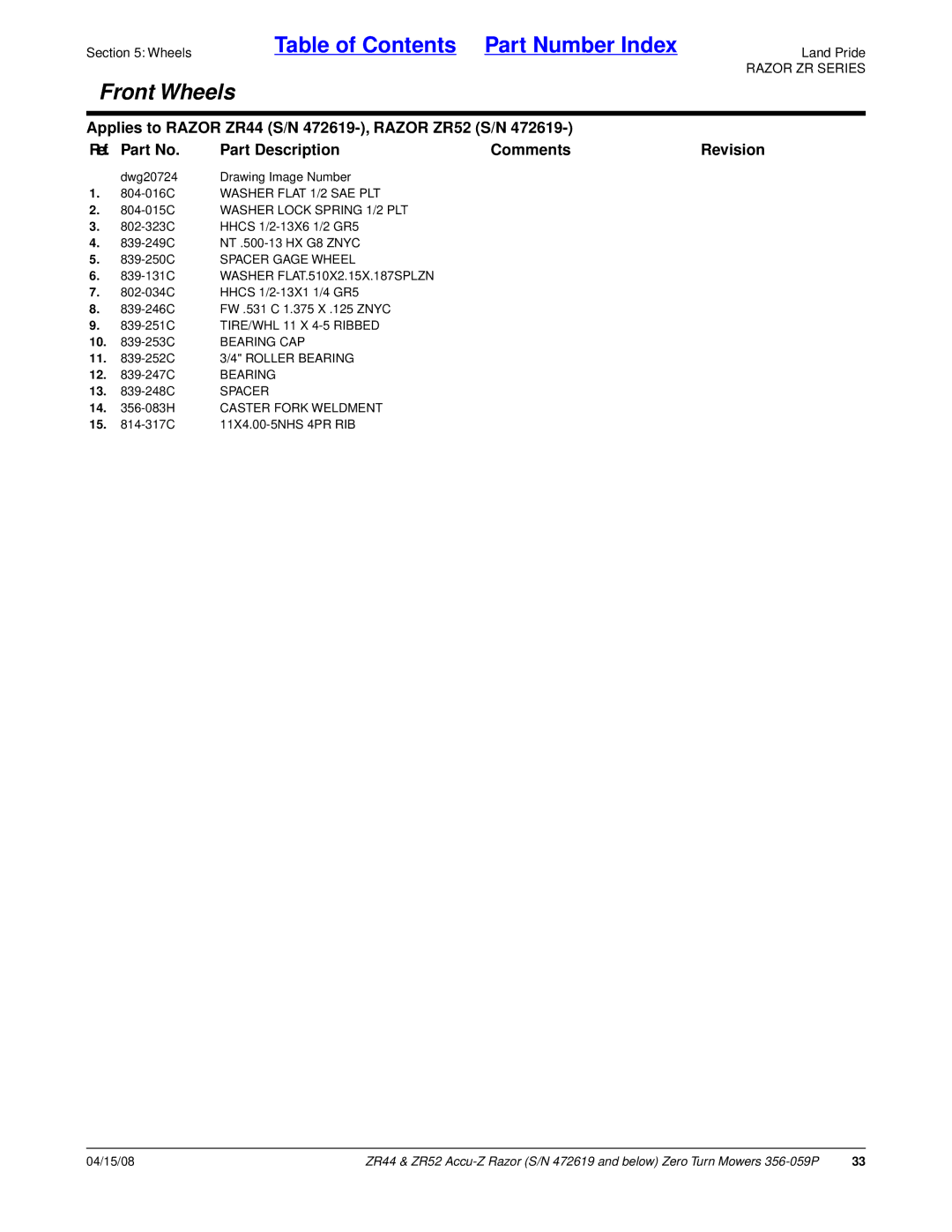 Land Pride ZR44, ZR52 manual 804-015C Washer Lock Spring 1/2 PLT, 839-250C Spacer Gage Wheel, Bearing CAP 