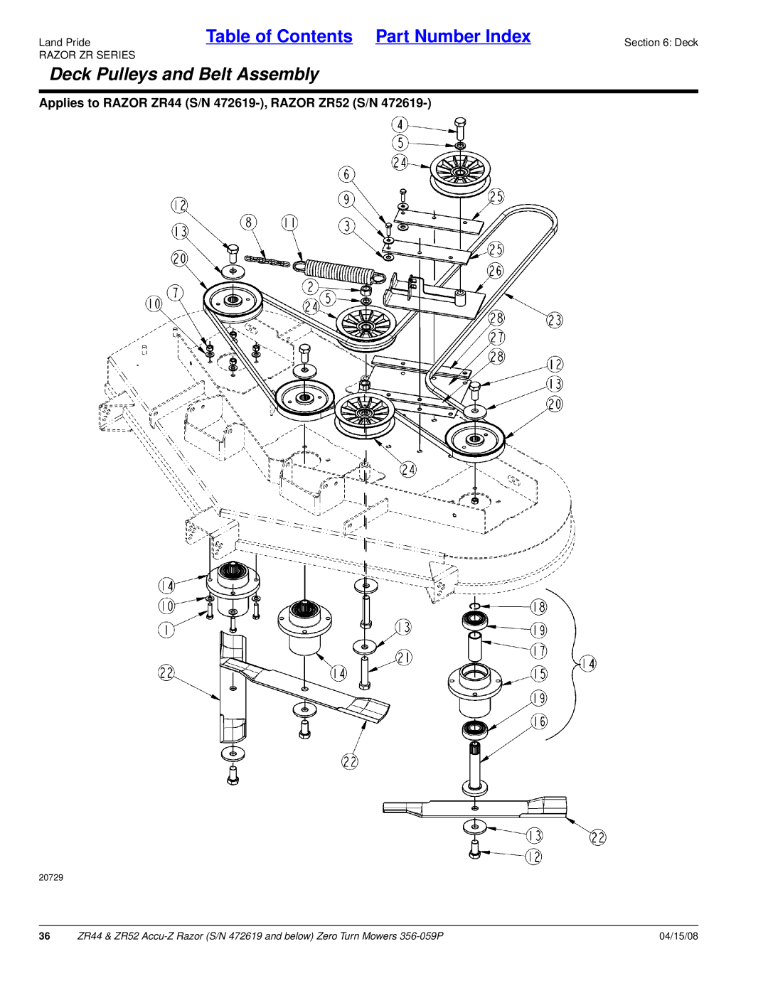 Land Pride ZR52, ZR44 manual Deck Pulleys and Belt Assembly 