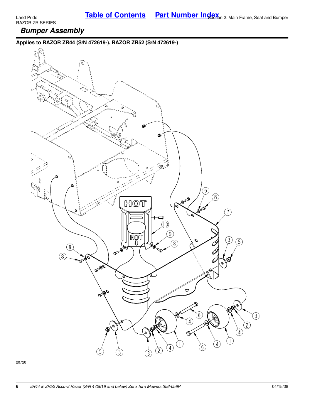 Land Pride ZR52, ZR44 manual Bumper Assembly, Razor ZR Series 