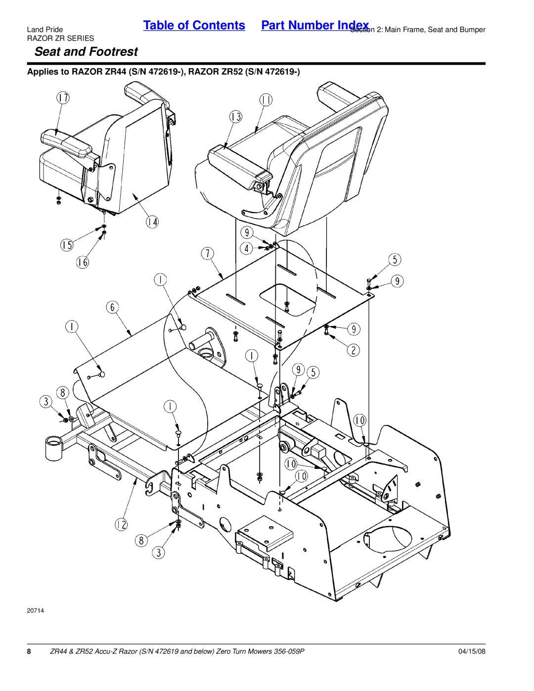 Land Pride ZR52, ZR44 manual Seat and Footrest 