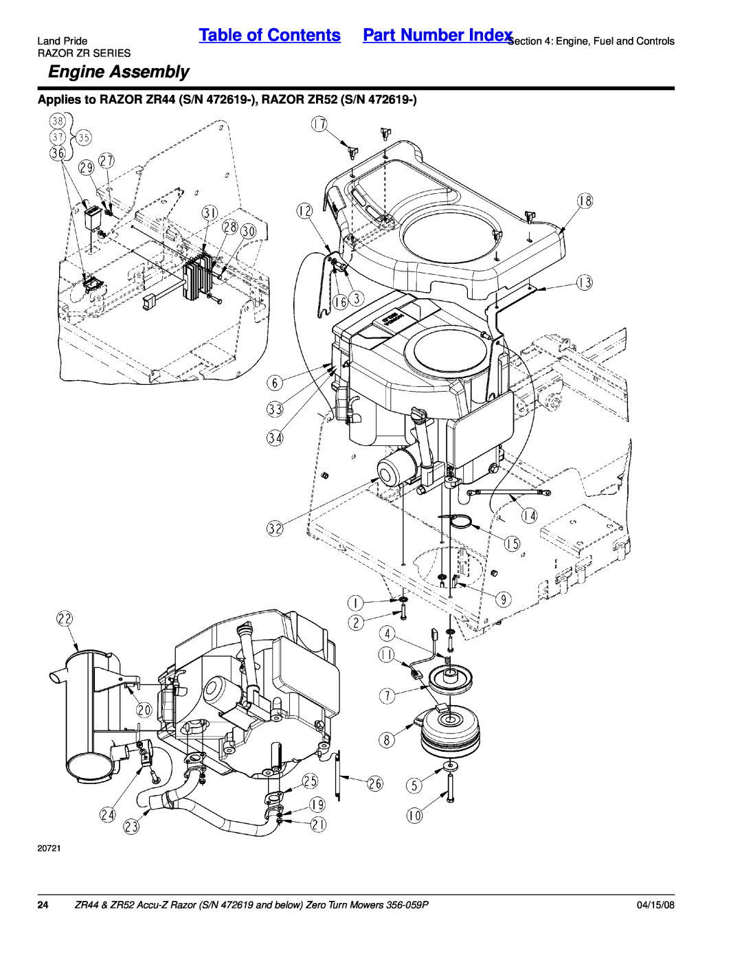 Land Pride manual Engine Assembly, Table of Contents Part Number Index, Applies to RAZOR ZR44 S/N 472619-,RAZOR ZR52 S/N 