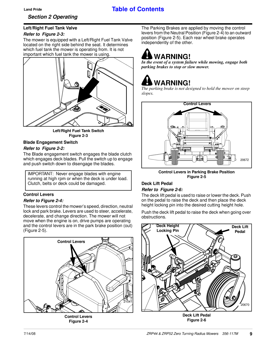 Land Pride ZRP44, ZRP52 manual Left/Right Fuel Tank Valve, Blade Engagement Switch, Control Levers, Deck Lift Pedal 