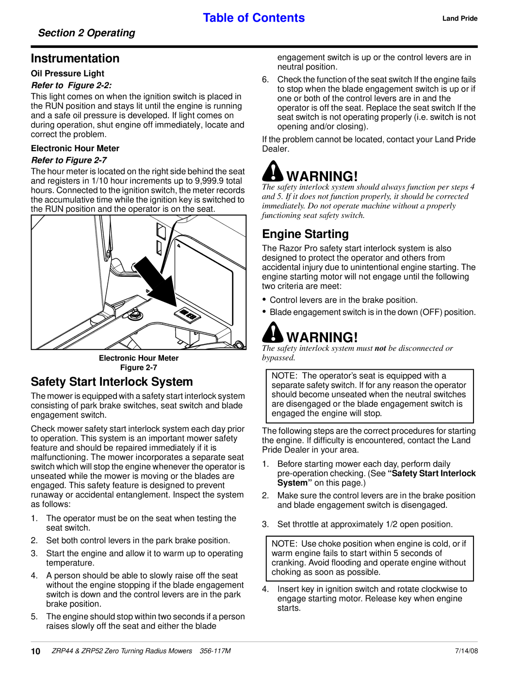 Land Pride ZRP52, ZRP44 manual Instrumentation, Safety Start Interlock System, Engine Starting, Oil Pressure Light 