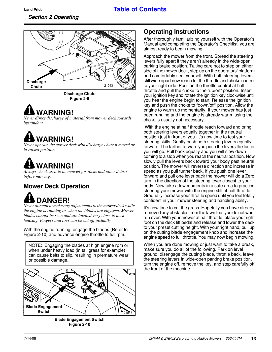 Land Pride ZRP44, ZRP52 manual Mower Deck Operation, Operating Instructions 