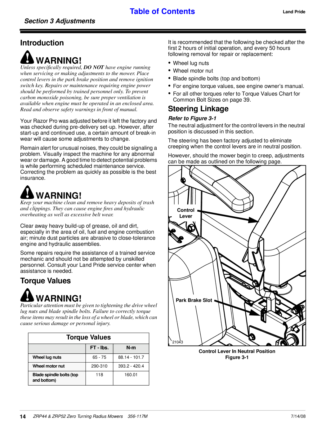 Land Pride ZRP52, ZRP44 manual Introduction, Torque Values, Steering Linkage, Adjustments 