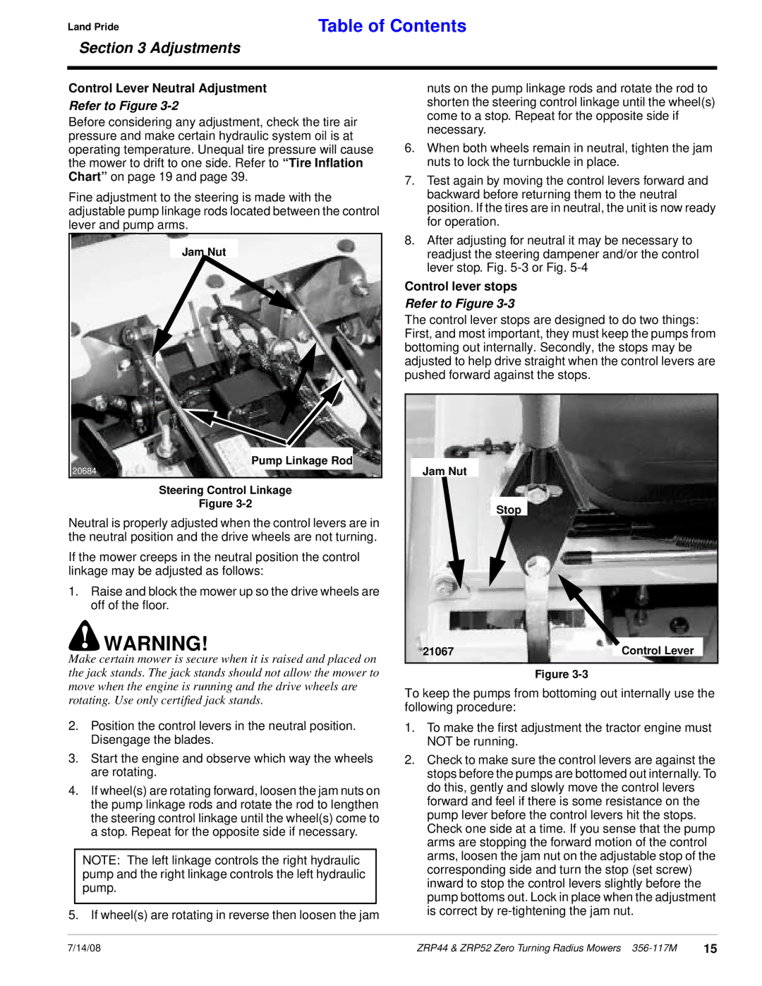 Land Pride ZRP44, ZRP52 manual Control Lever Neutral Adjustment, Control lever stops 