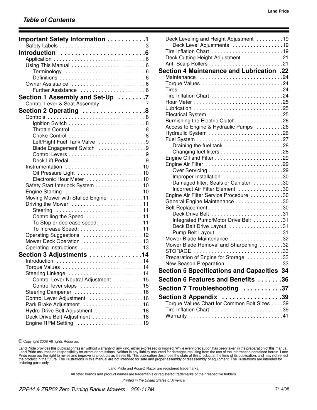 Land Pride ZRP52, ZRP44 manual Table of Contents 