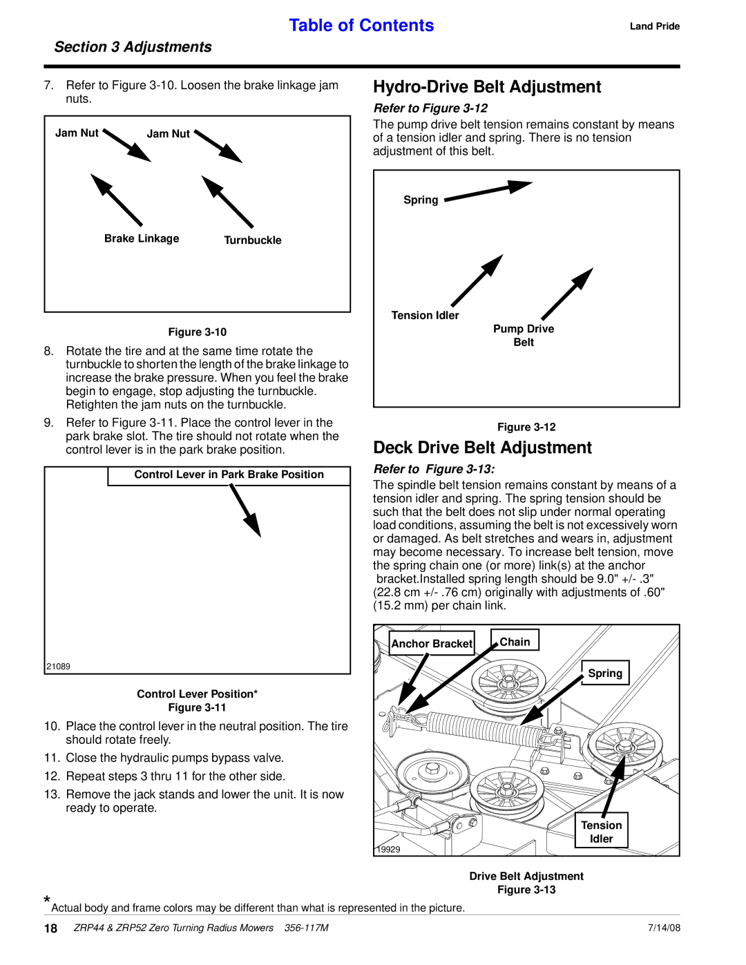 Land Pride ZRP52, ZRP44 manual Hydro-Drive Belt Adjustment, Deck Drive Belt Adjustment 
