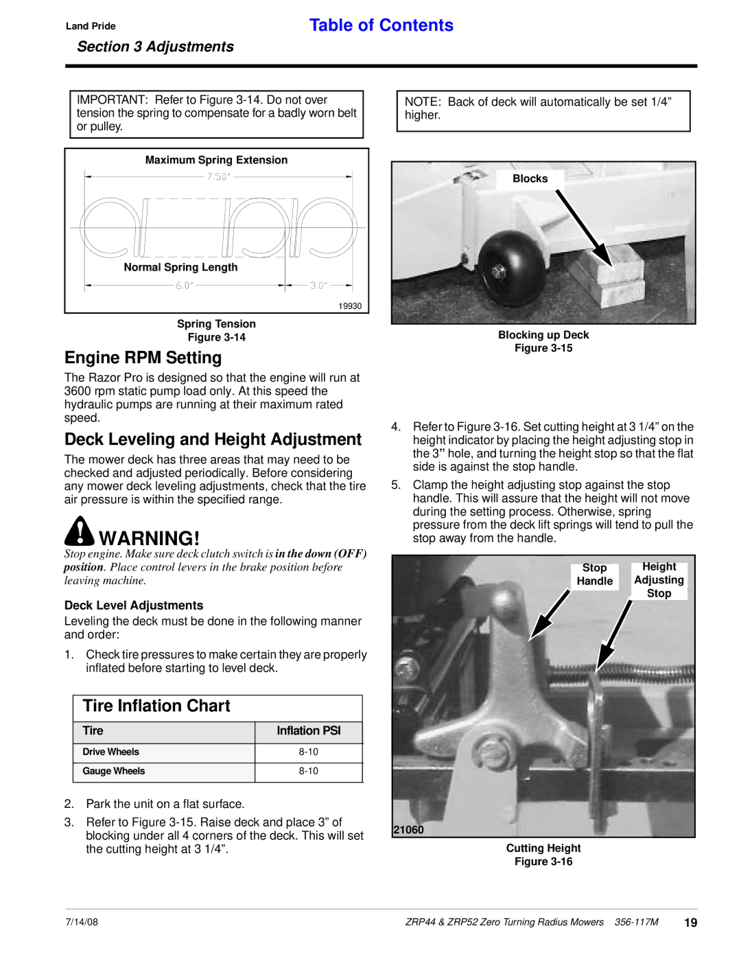 Land Pride ZRP44 Engine RPM Setting, Deck Leveling and Height Adjustment, Tire Inflation Chart, Deck Level Adjustments 