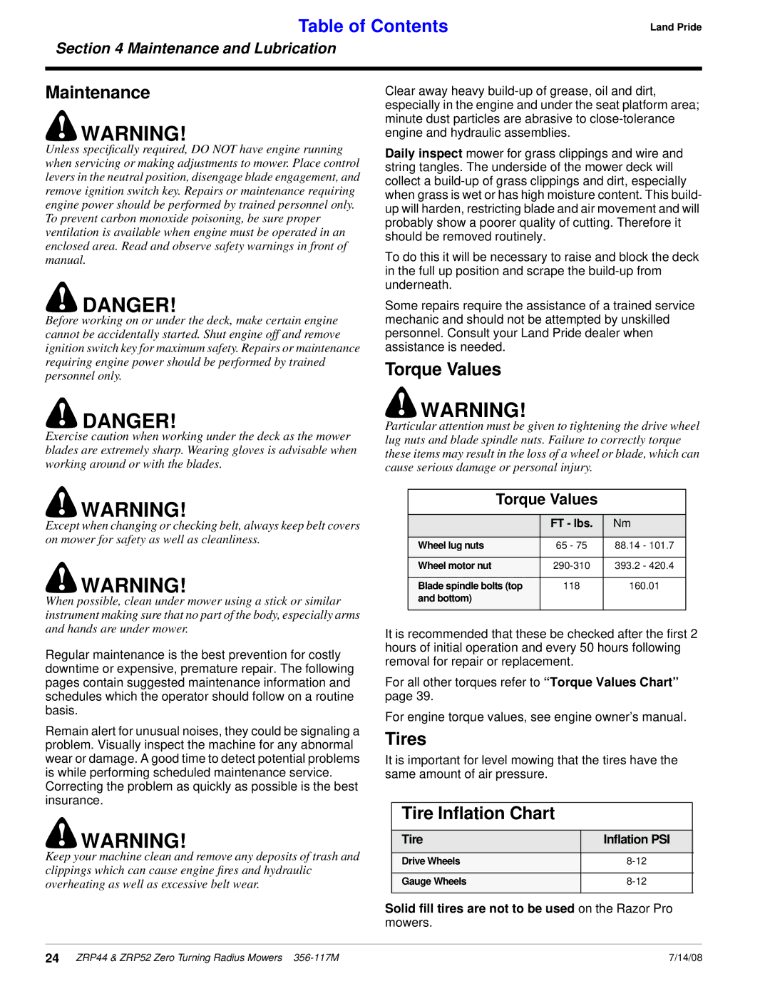 Land Pride ZRP52, ZRP44 manual Maintenance, Tires, Solid fill tires are not to be used on the Razor Pro mowers 