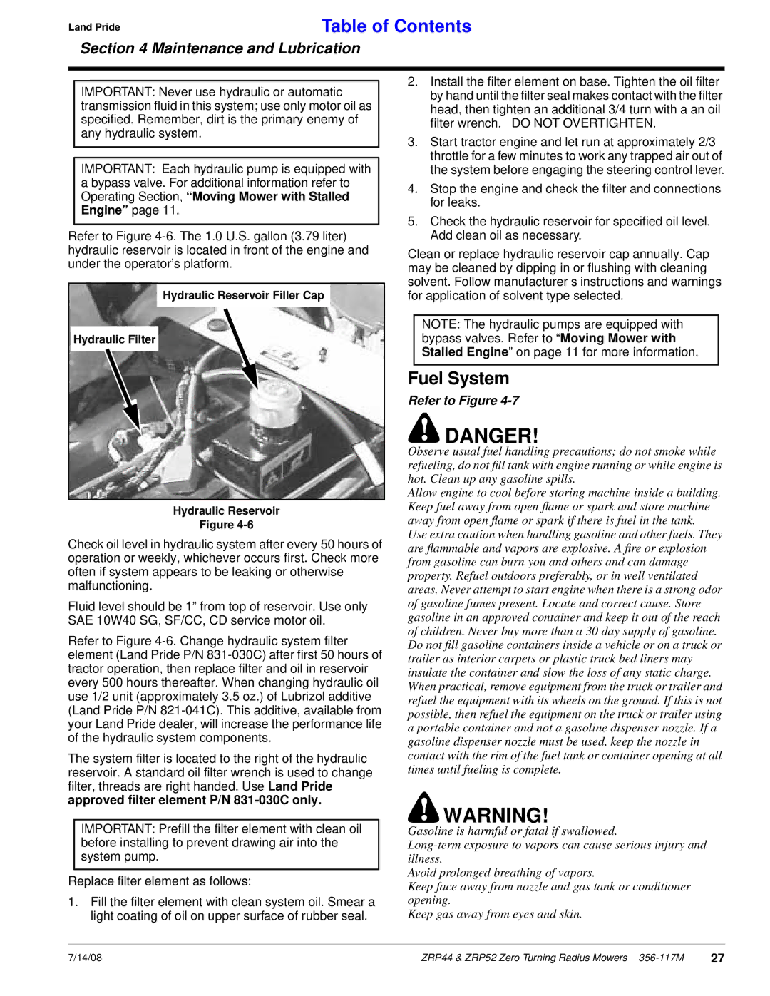 Land Pride ZRP44, ZRP52 manual Fuel System 