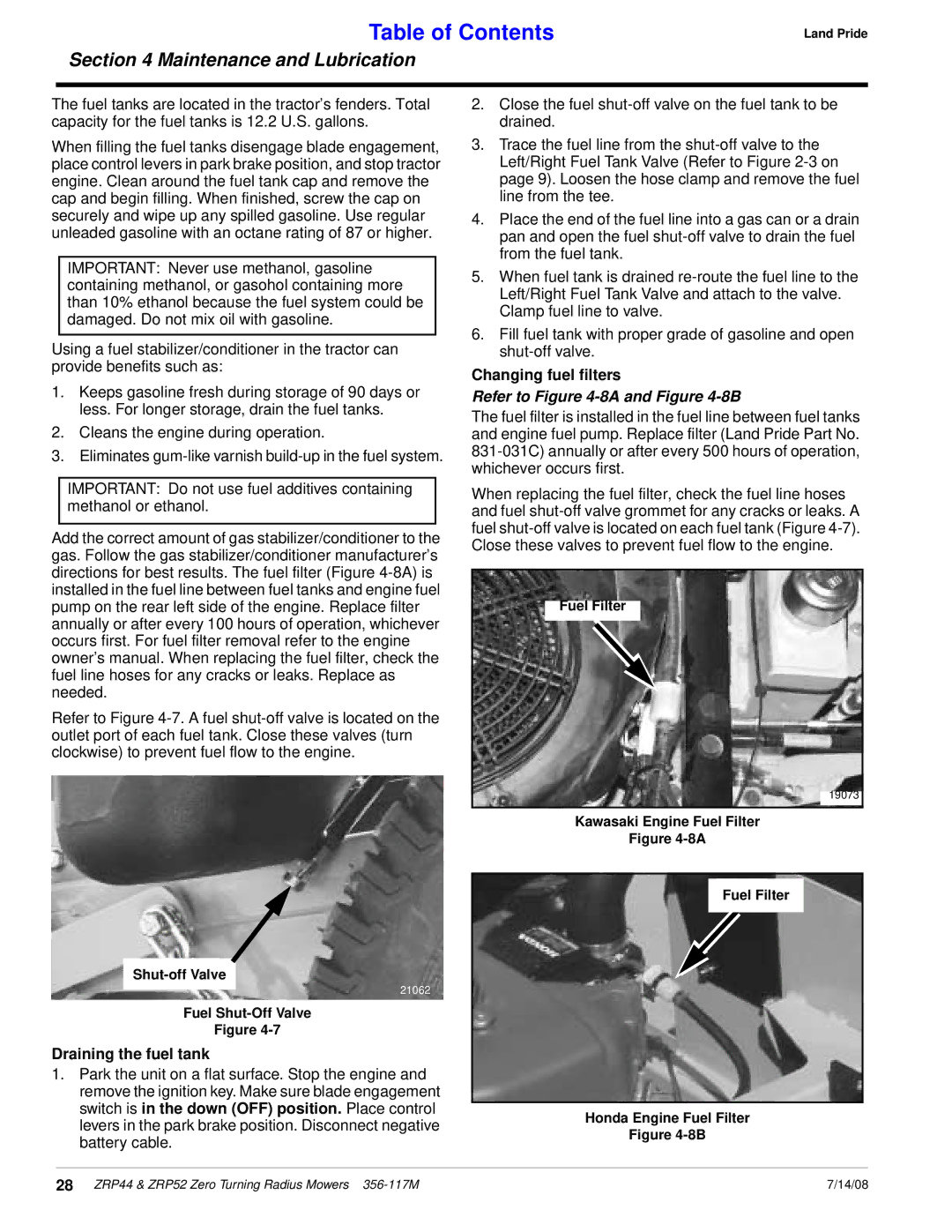 Land Pride ZRP52, ZRP44 manual Draining the fuel tank, Changing fuel ﬁlters, Refer to -8A and -8B 