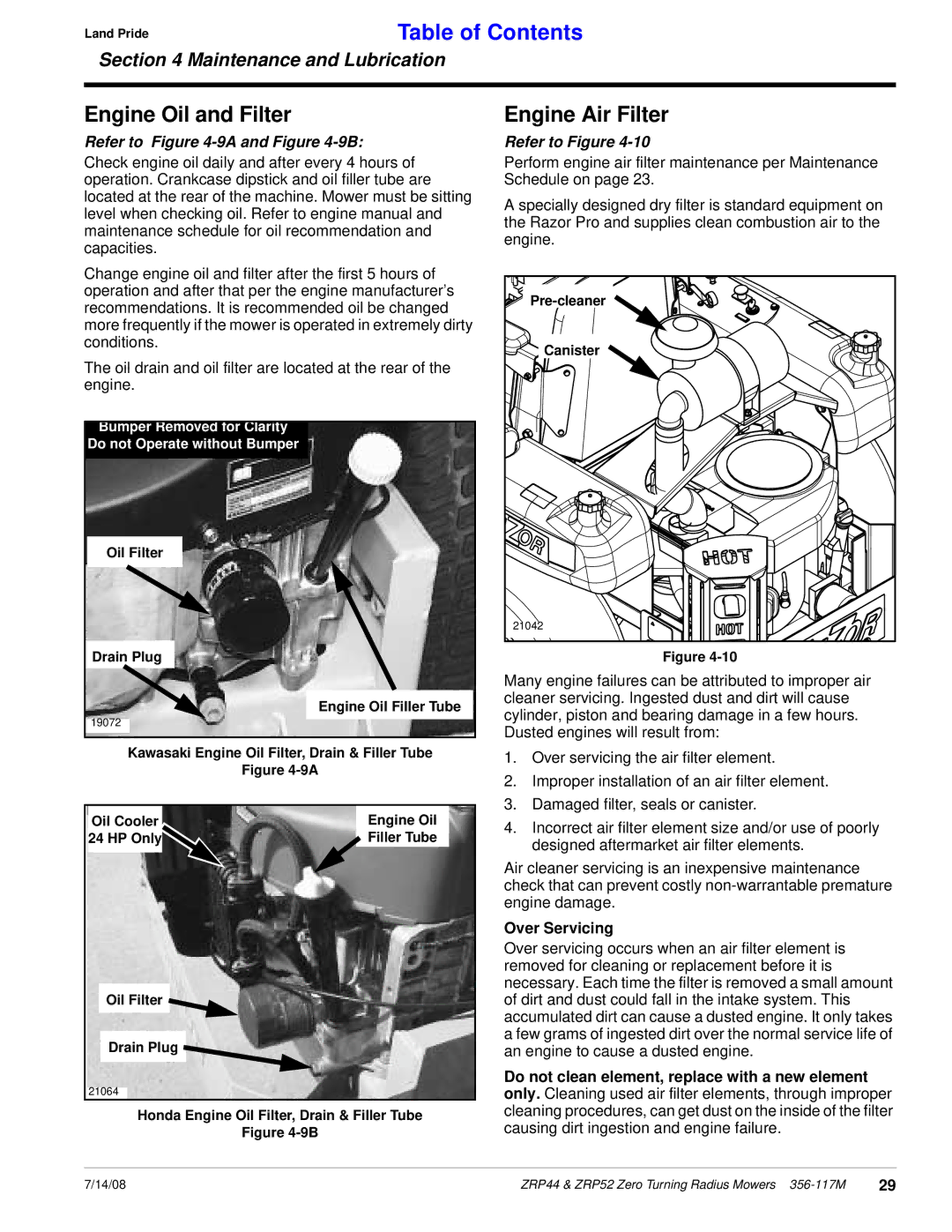 Land Pride ZRP44, ZRP52 manual Engine Oil and Filter, Engine Air Filter, Refer to -9A and -9B, Over Servicing 