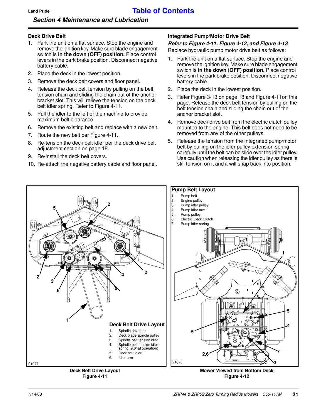 Land Pride ZRP44 Deck Drive Belt, Integrated Pump/Motor Drive Belt, Refer to -11, -12, and Figure, Deck Belt Drive Layout 