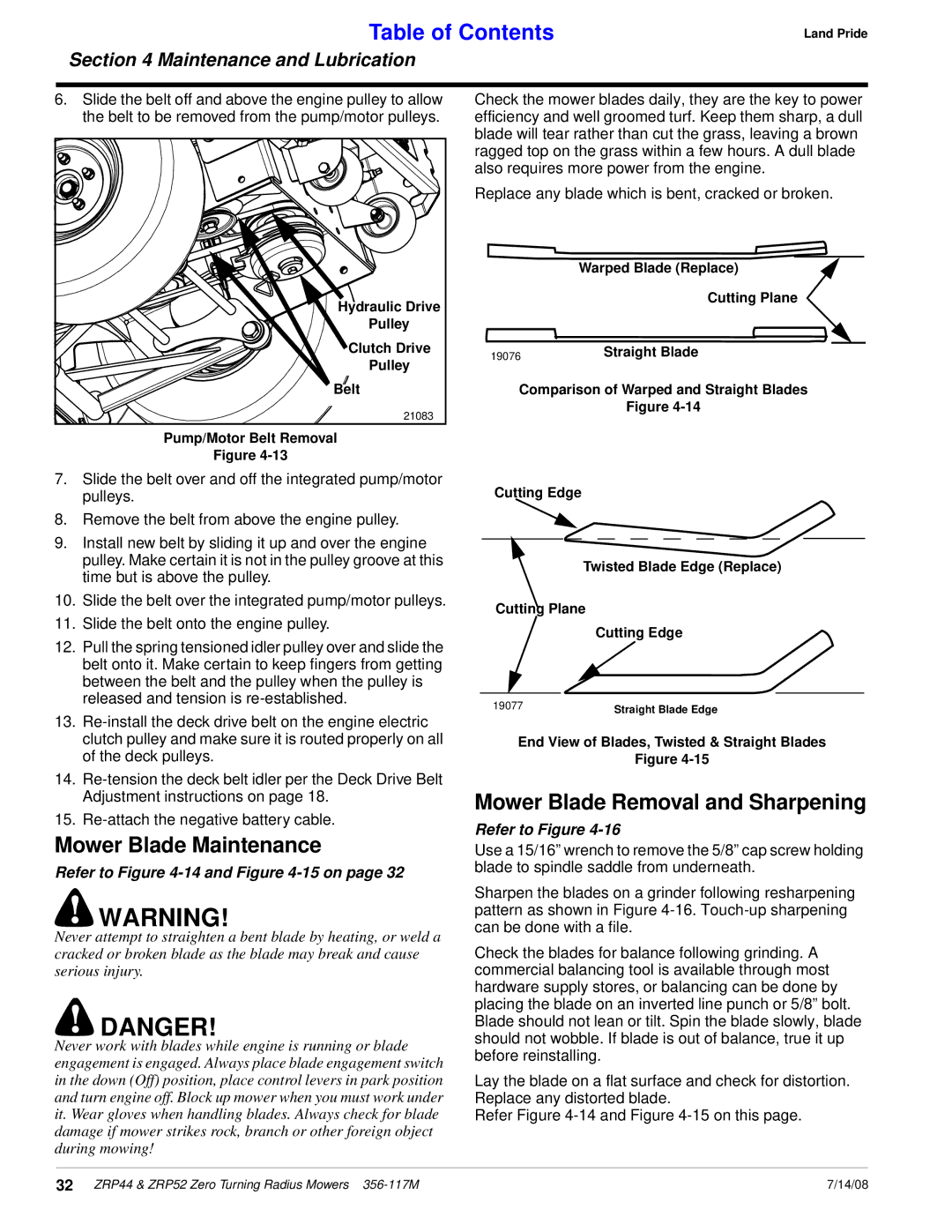 Land Pride ZRP52, ZRP44 manual Mower Blade Maintenance, Mower Blade Removal and Sharpening, Refer to -14 and -15 on 