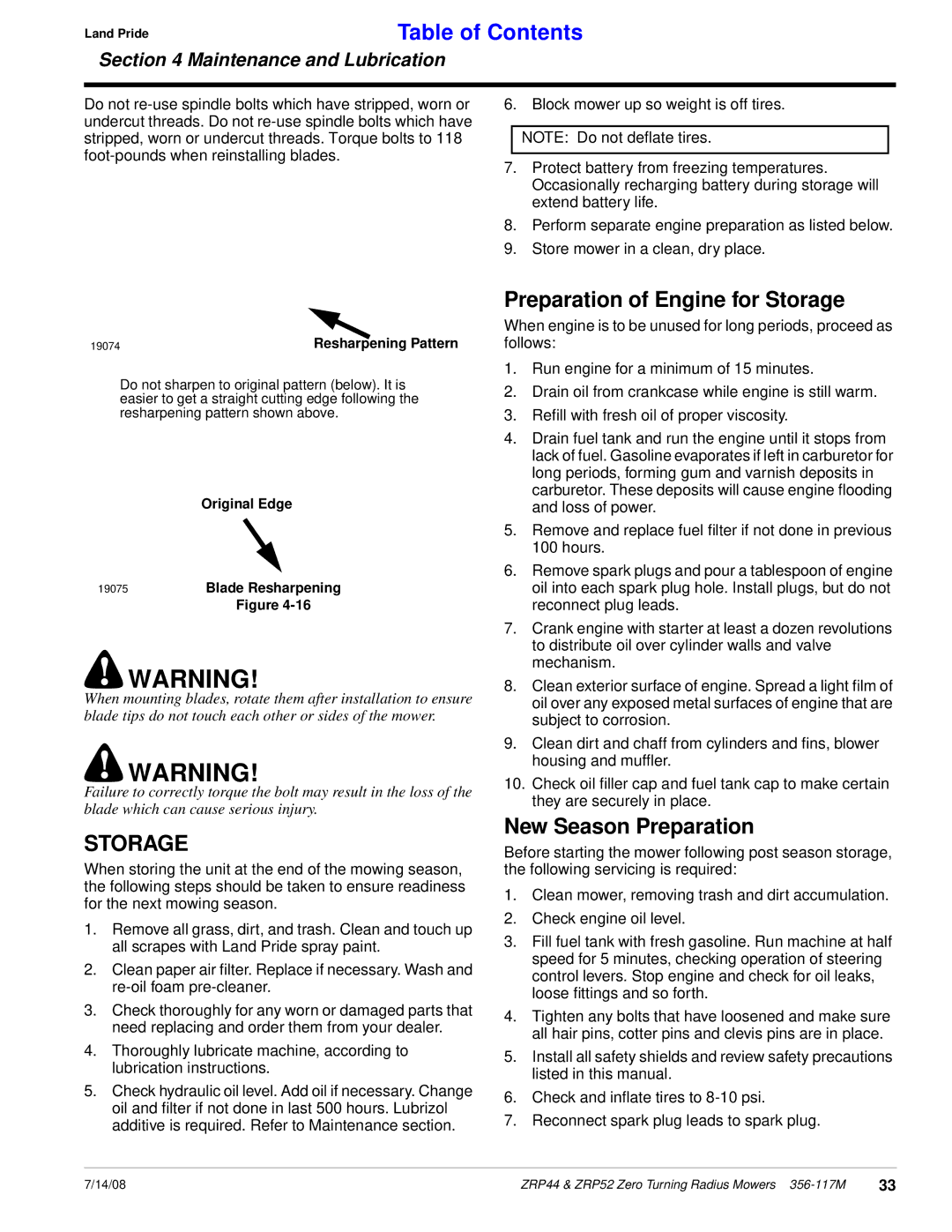 Land Pride ZRP44, ZRP52 manual Preparation of Engine for Storage, New Season Preparation 