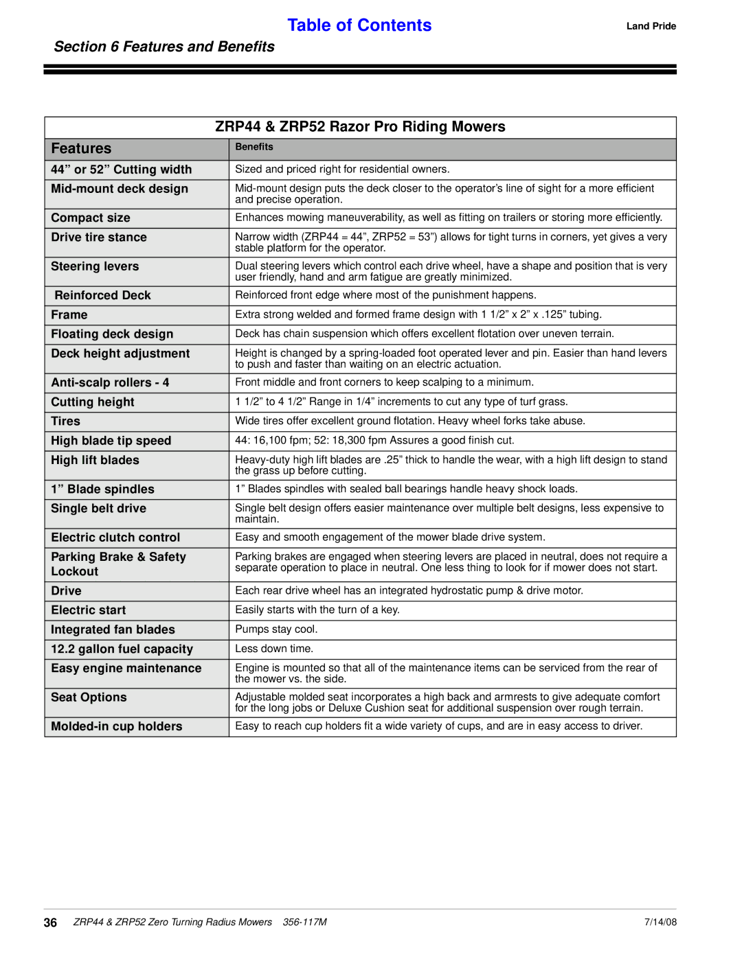 Land Pride manual Features and Beneﬁts, ZRP44 & ZRP52 Razor Pro Riding Mowers 