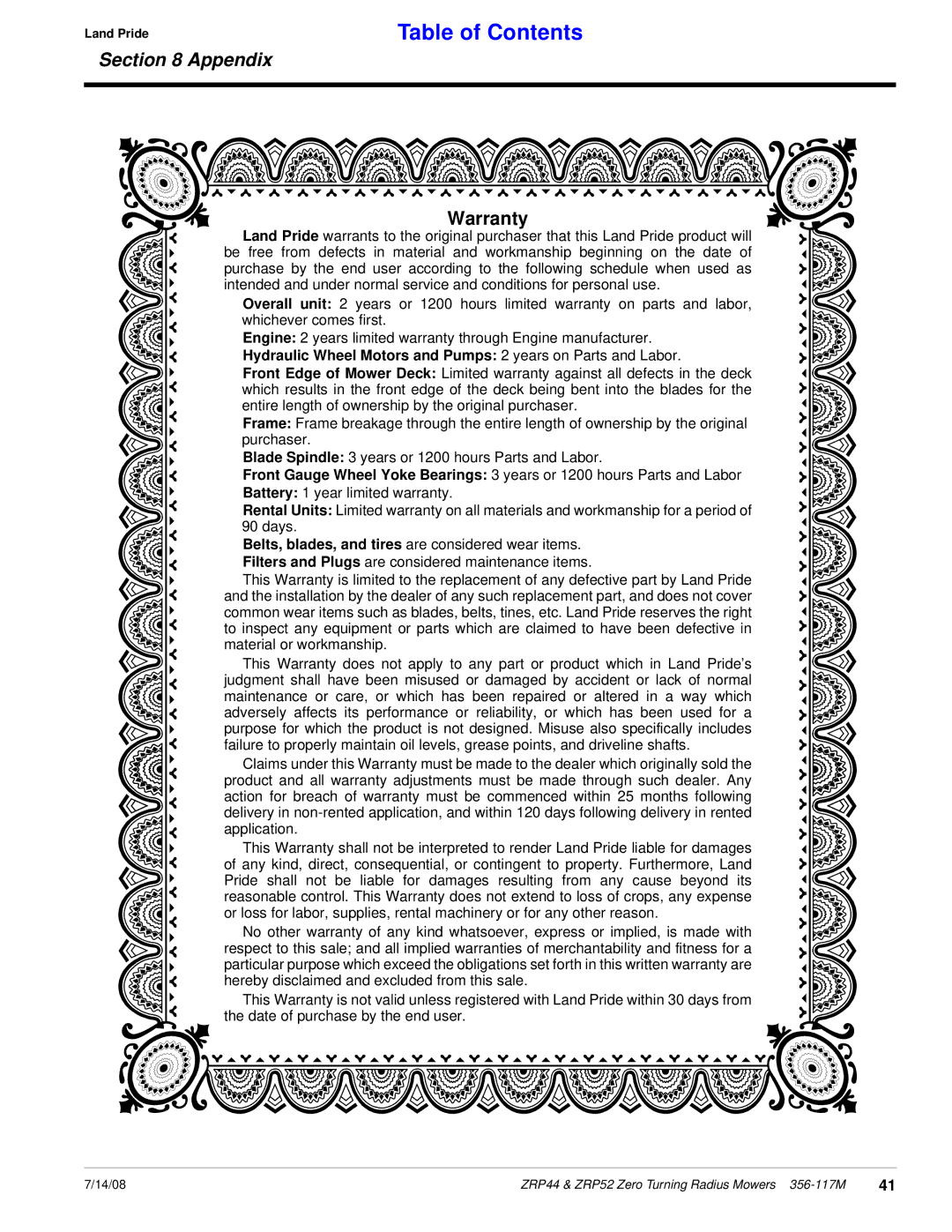 Land Pride ZRP44, ZRP52 manual Warranty, Hydraulic Wheel Motors and Pumps 2 years on Parts and Labor 