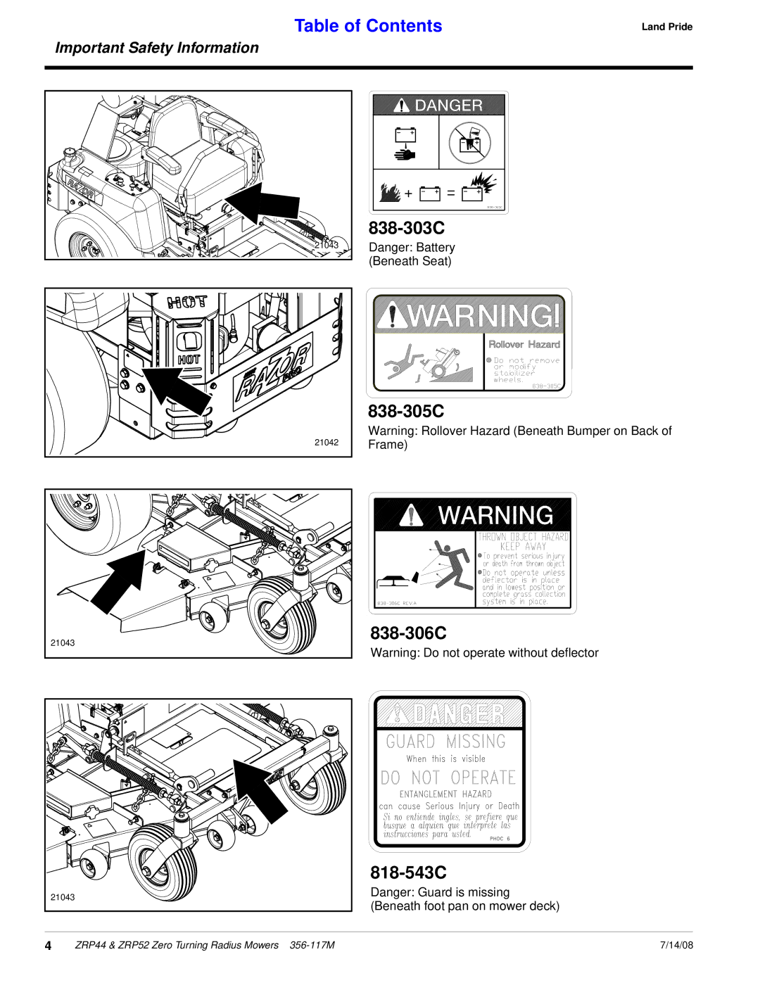 Land Pride ZRP52, ZRP44 manual 838-303C, 838-305C, 838-306C, 818-543C 