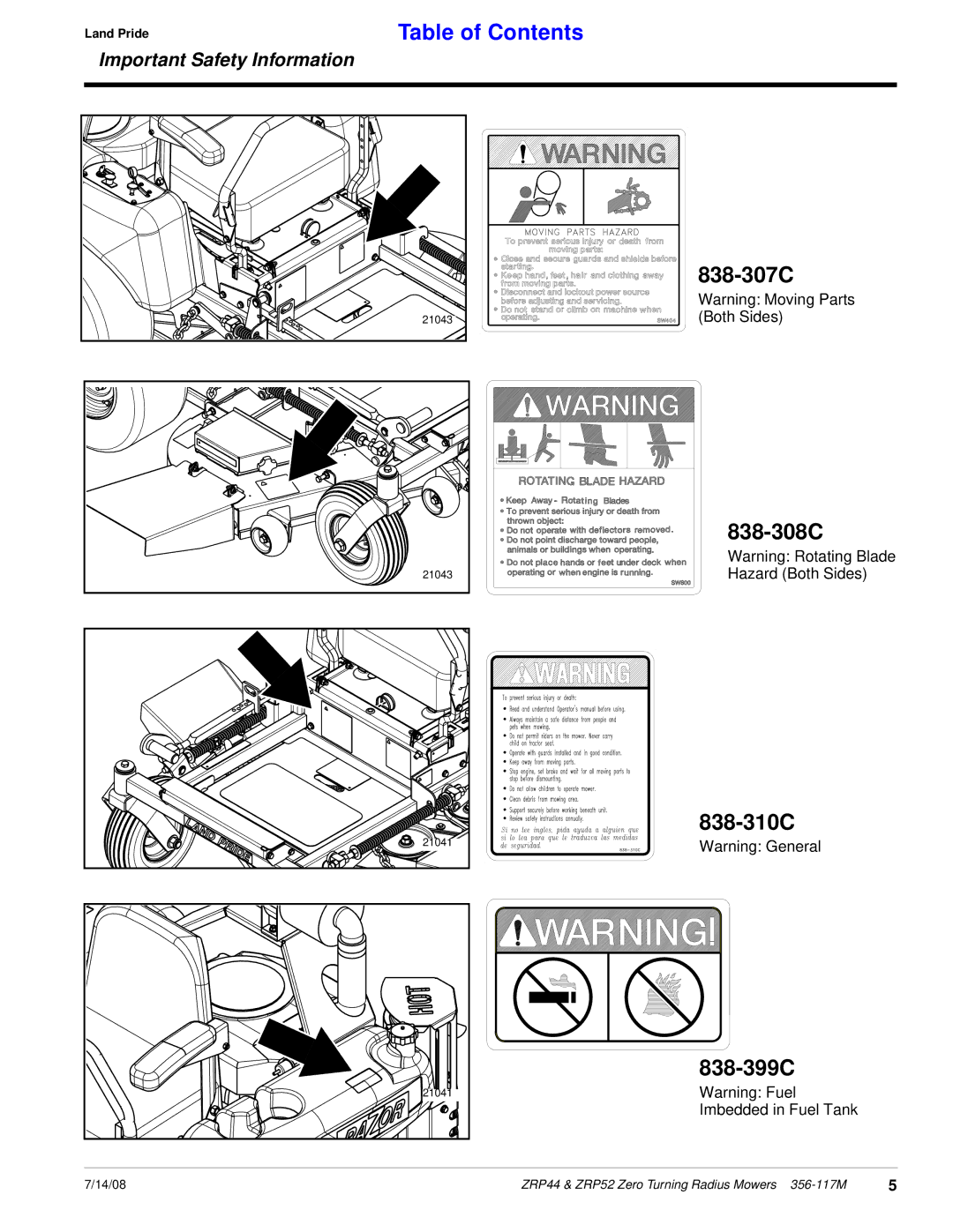 Land Pride ZRP44, ZRP52 manual 838-307C, 838-308C, 838-310C, 838-399C 