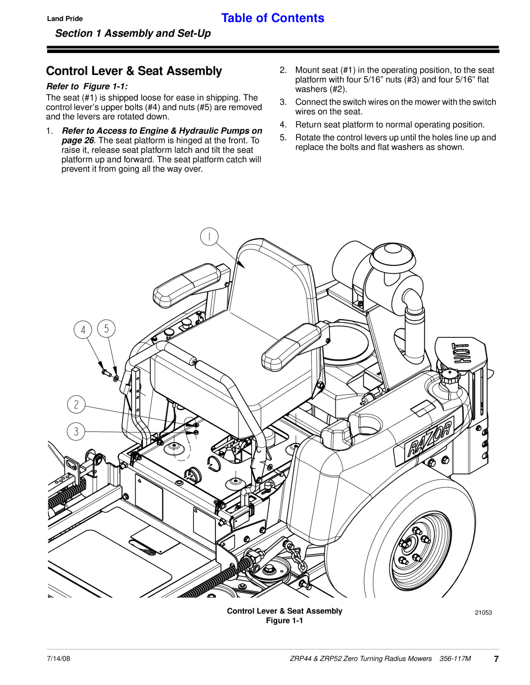 Land Pride ZRP44, ZRP52 manual Control Lever & Seat Assembly, Assembly and Set-Up, Refer to Figure 