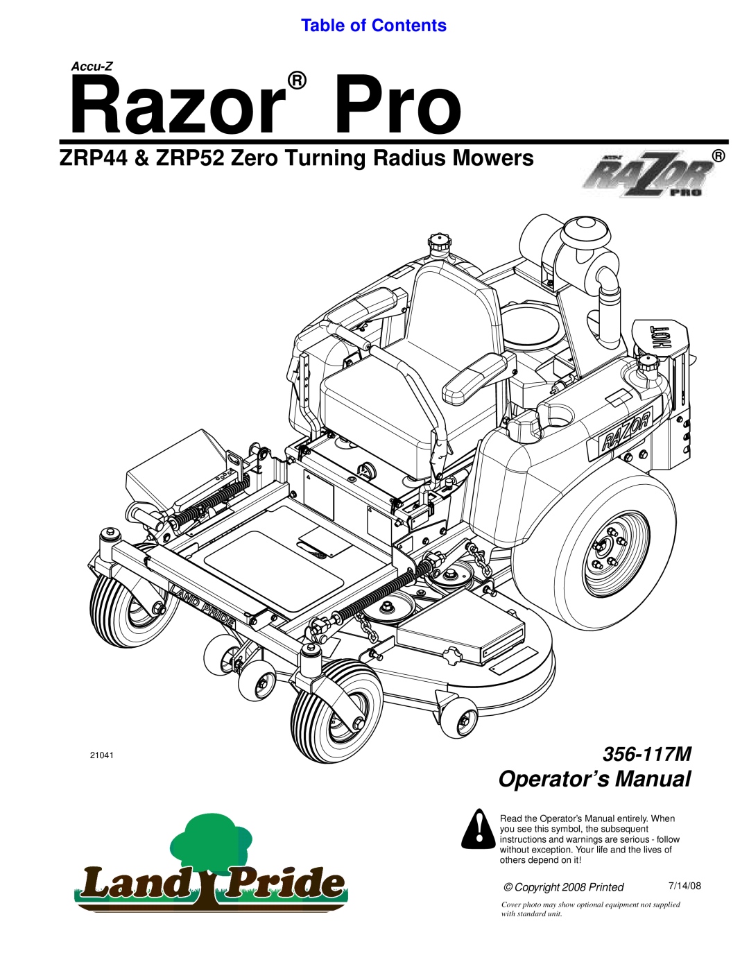 Land Pride manual Table of Contents, Accu-Z, Razor Pro, ZRP44 & ZRP52 Zero Turning Radius Mowers, Operator’s Manual 