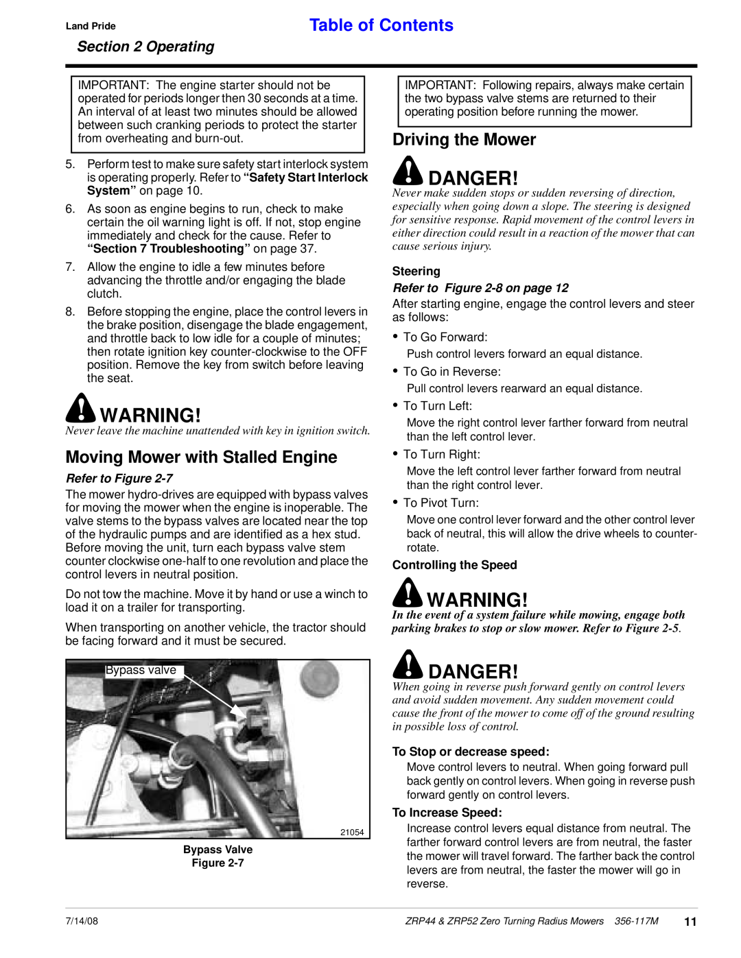 Land Pride ZRP44, ZRP52 Danger, Driving the Mower, Moving Mower with Stalled Engine, Refer to -8on page, Table of Contents 