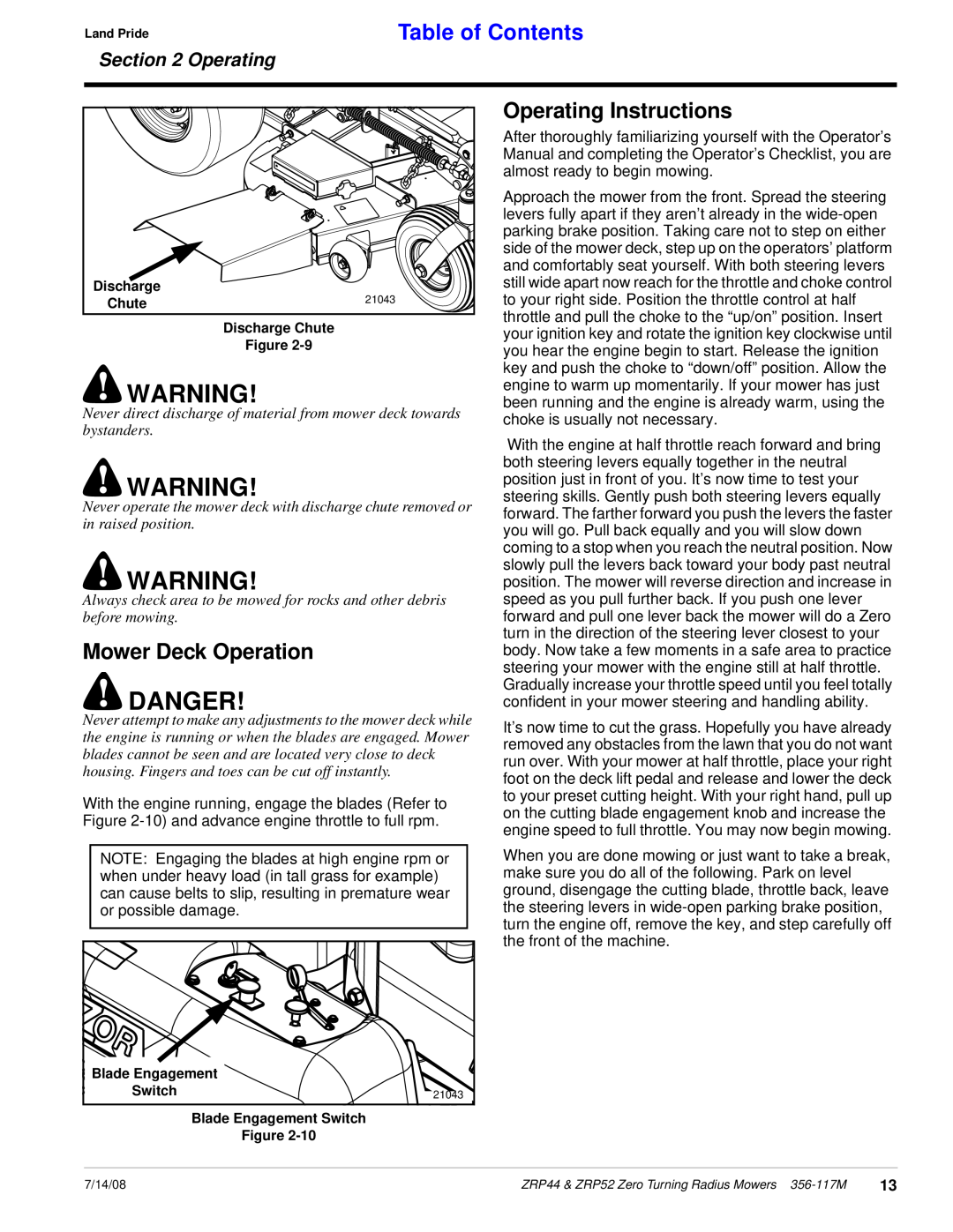Land Pride ZRP44, ZRP52 manual Mower Deck Operation, Operating Instructions, Danger, Table of Contents 