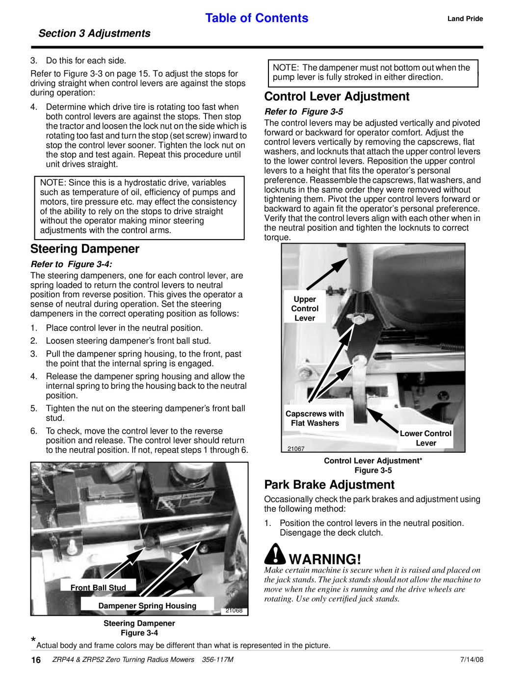 Land Pride ZRP52, ZRP44 Control Lever Adjustment, Steering Dampener, Park Brake Adjustment, Table of Contents, Adjustments 