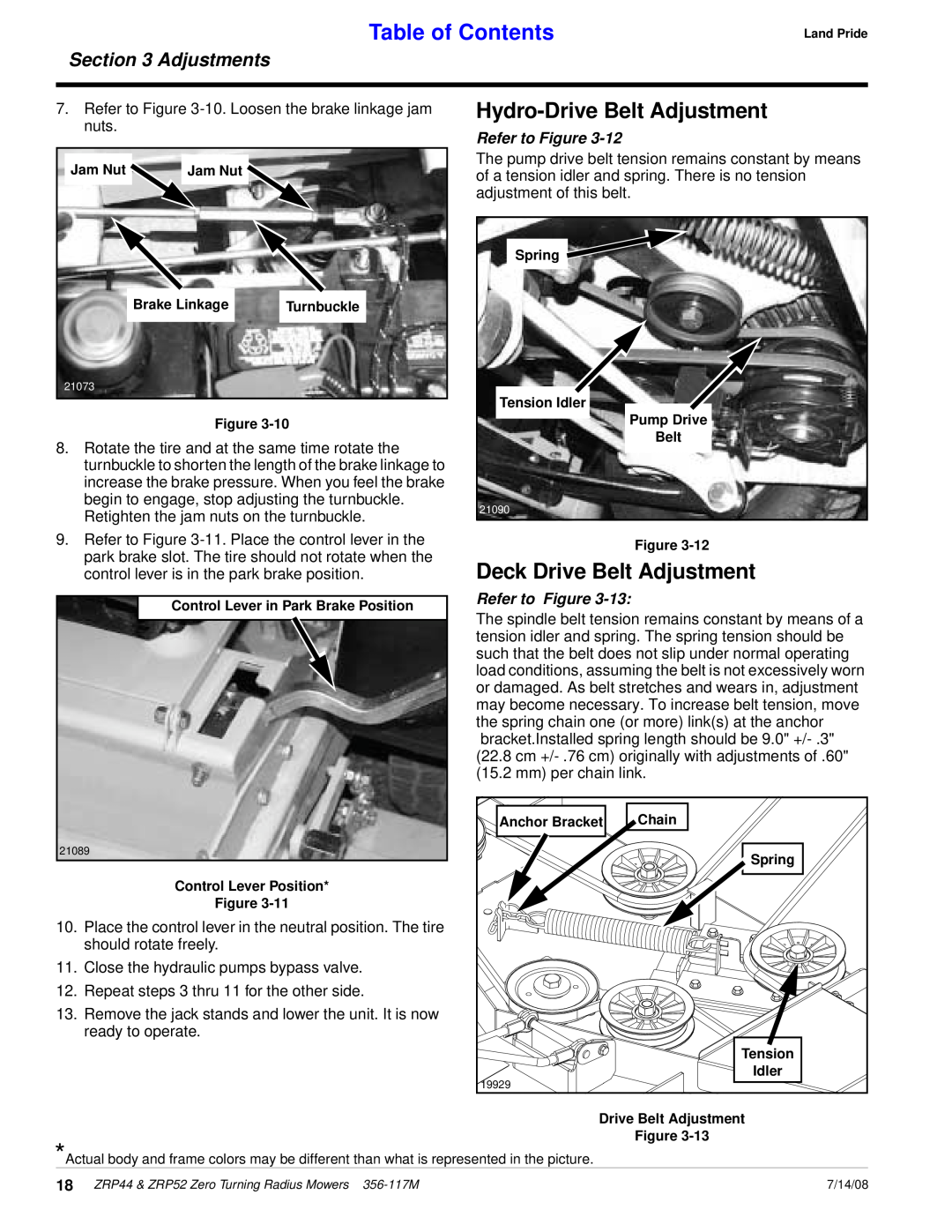 Land Pride ZRP52 Hydro-DriveBelt Adjustment, Deck Drive Belt Adjustment, Table of Contents, Adjustments, Refer to Figure 