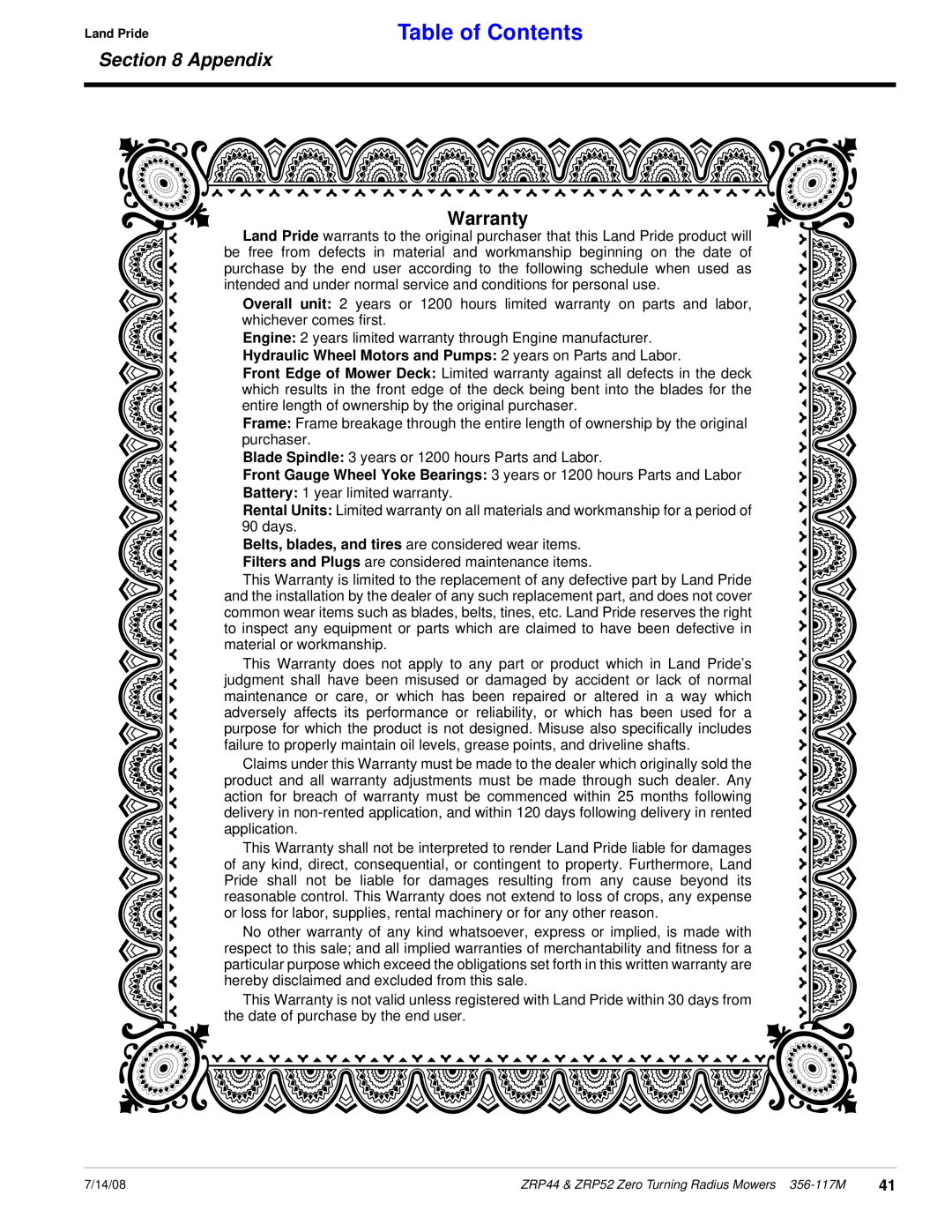 Land Pride ZRP44, ZRP52 manual Warranty, Table of Contents, Appendix 