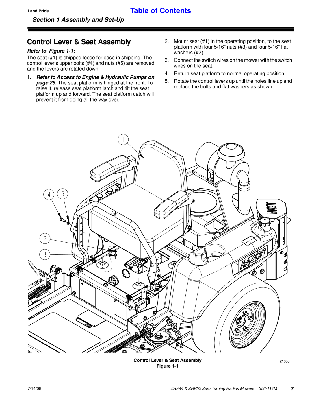 Land Pride ZRP44, ZRP52 manual Control Lever & Seat Assembly, Table of Contents, Assembly and Set-Up, Refer to Figure 