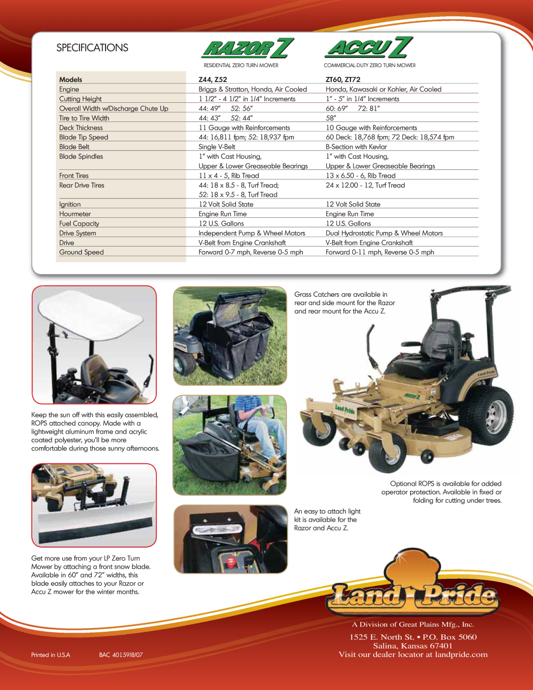 Land Pride ZT60, ZT72 manual Specifications 