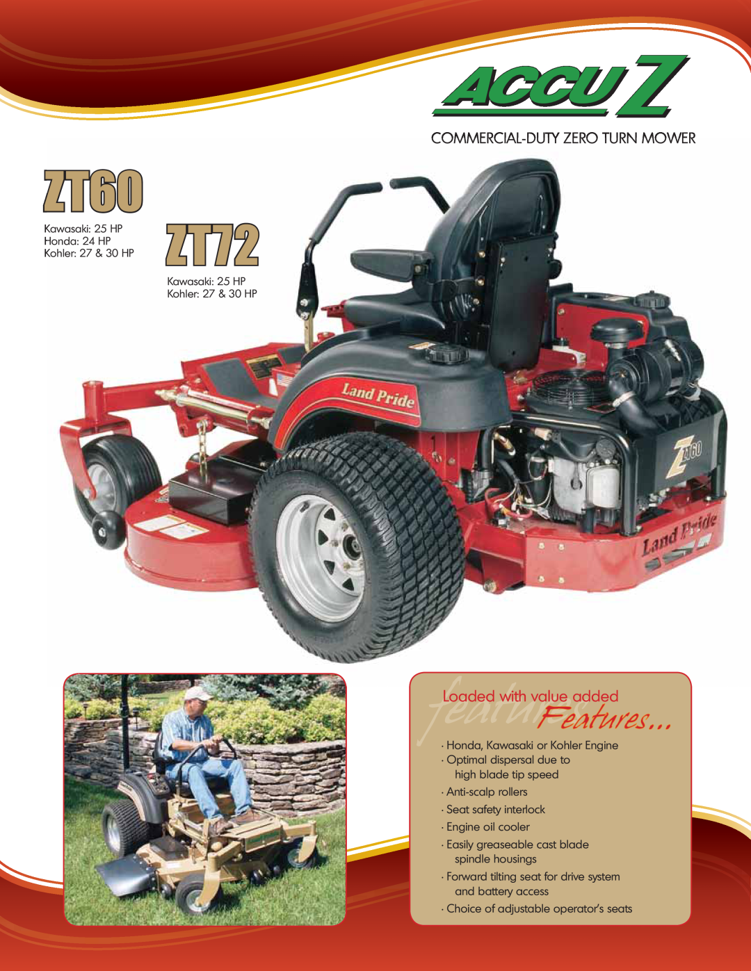 Land Pride ZT60 manual Loaded with value added, Commercial-Duty Zero Turn Mower, ZT72 