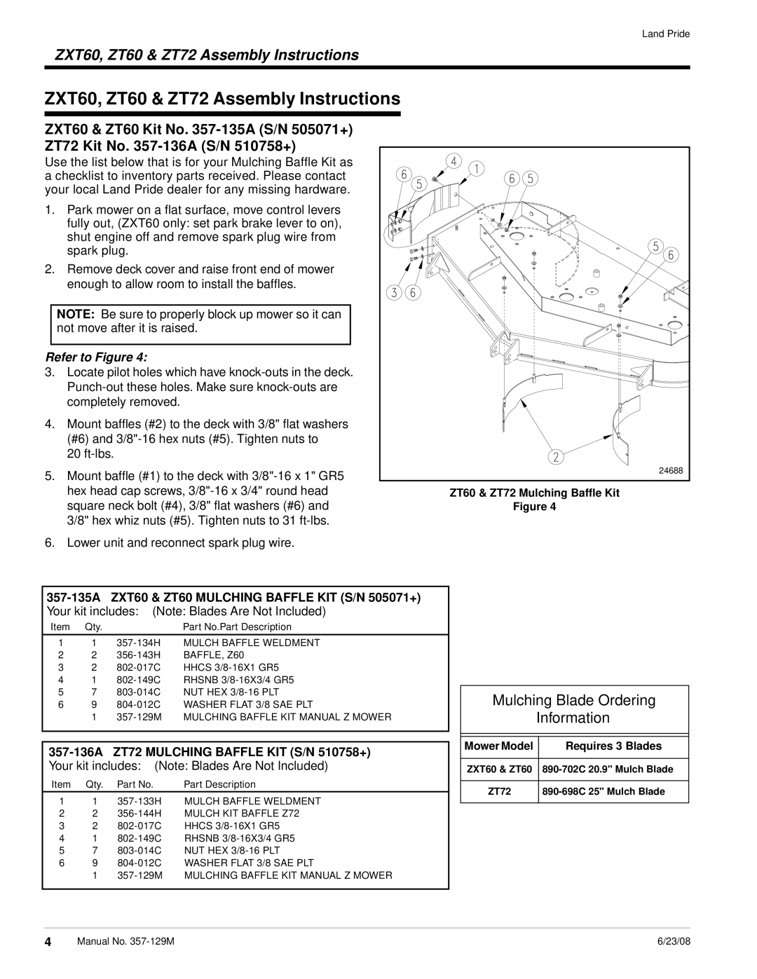 Land Pride ZXT54, Z52, Z44 ZXT60, ZT60 & ZT72 Assembly Instructions, Hex head cap screws, 3/8-16 x 3/4 round head 