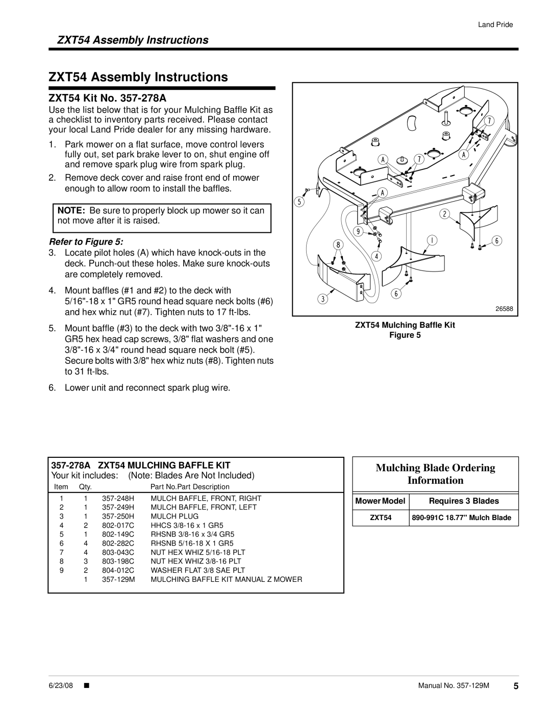 Land Pride 357-131A ZT72, ZT60, Z52, Z44, ZXT60, 357-136A ZT72 ZXT54 Assembly Instructions, 357-278A ZXT54 Mulching Baffle KIT 