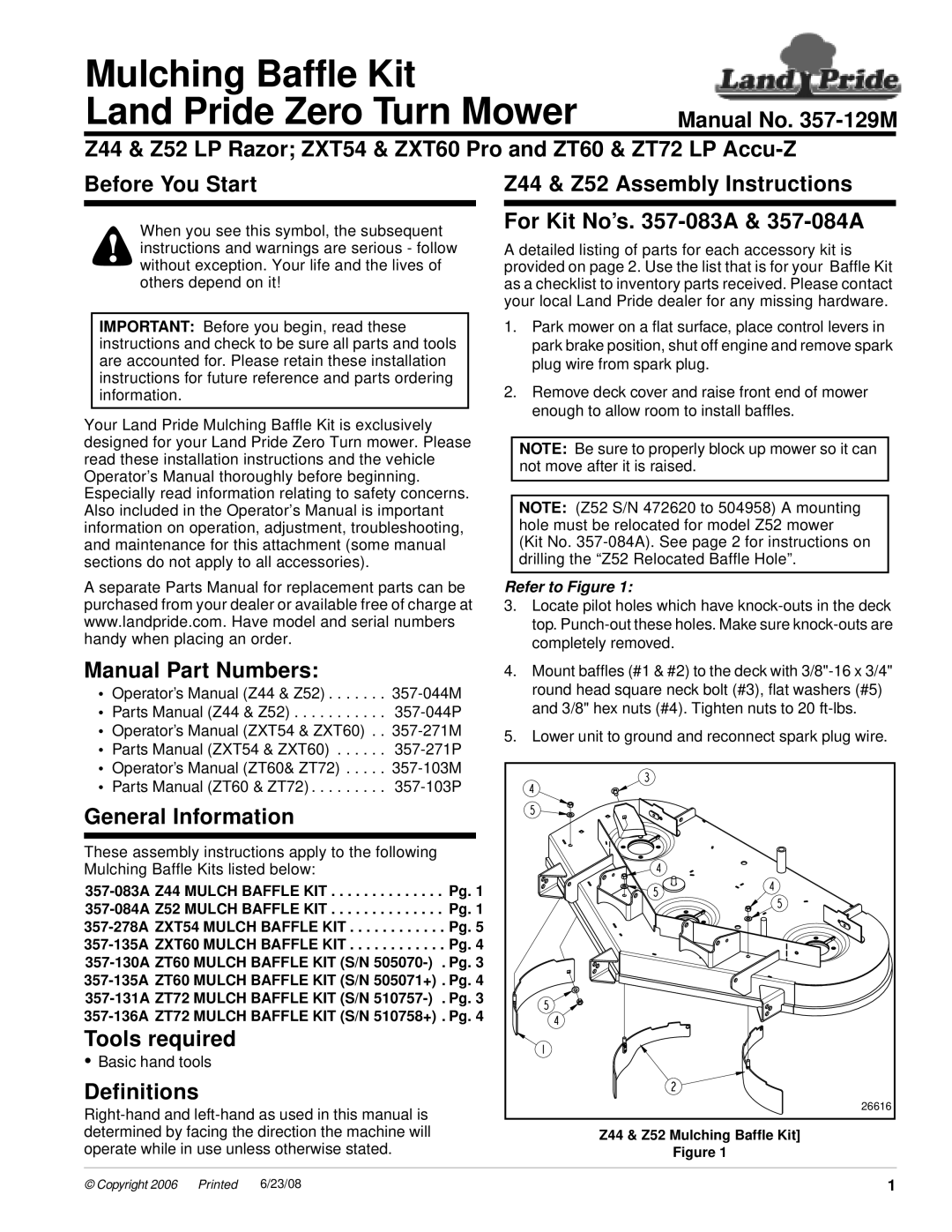 Land Pride ZT60, Z52 installation instructions Before You Start, Manual Part Numbers, General Information, Tools required 