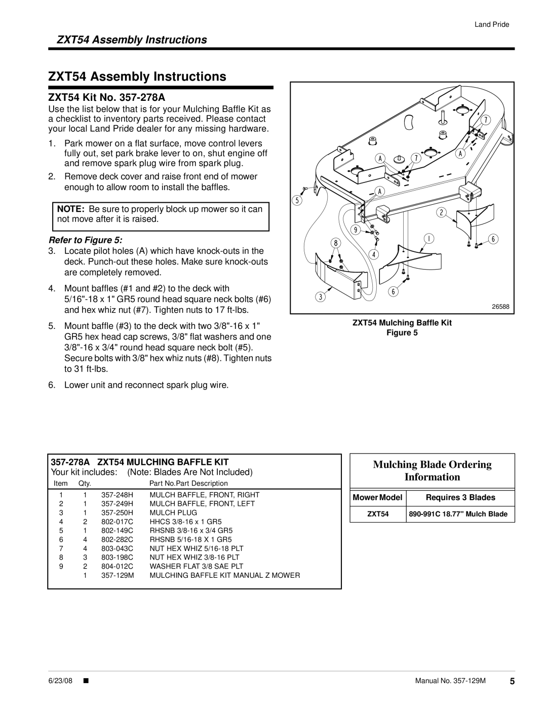 Land Pride 357-131A ZT72, ZT60 ZXT54 Assembly Instructions, ZXT54 Kit No. 357-278A, Mulching Blade Ordering Information 