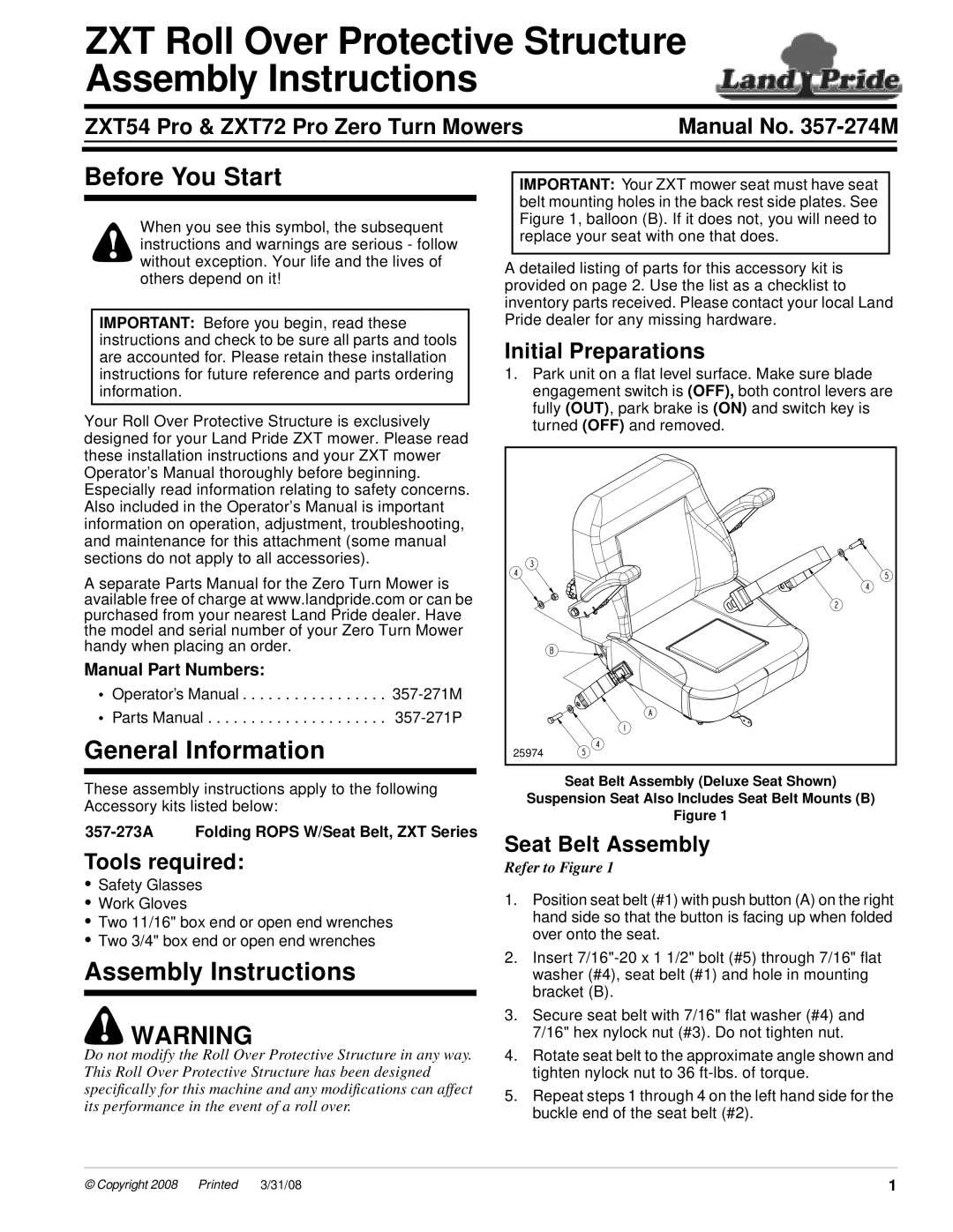 Land Pride ZXT54 Pro, ZXT72 Pro installation instructions Before You Start, General Information, Assembly Instructions 