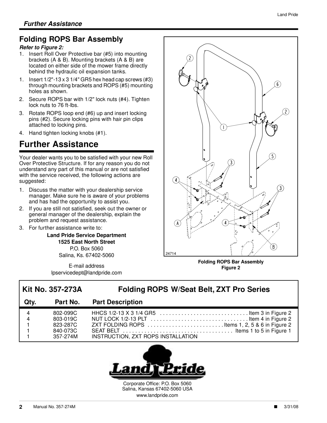 Land Pride ZXT72 Pro Further Assistance, Folding ROPS Bar Assembly, Kit No. 357-273A, Refer to Figure, East North Street 